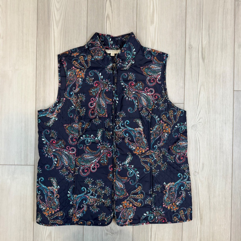 Talbots Womens Navy Blue Paisley Quilted Puffer Vest Zip Front Mock Neck 1X